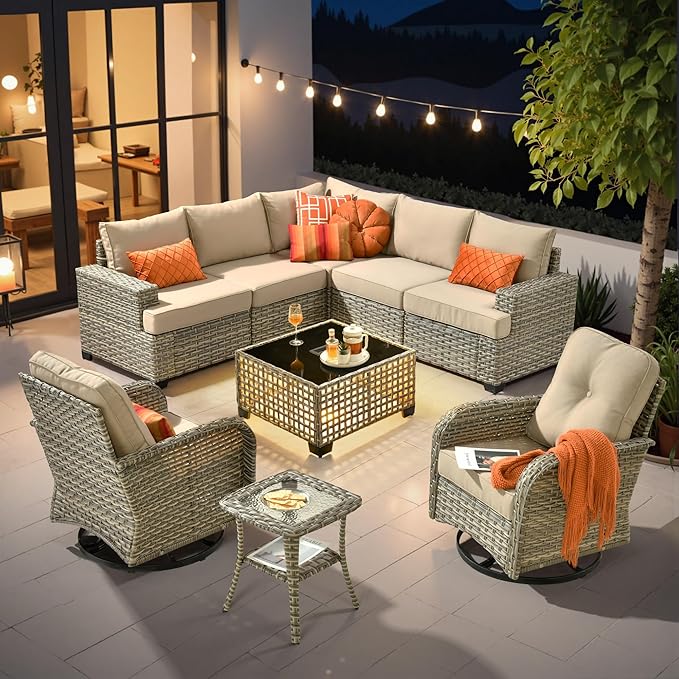 HOOOWOOO Sectional Patio Furniture Set with Swivel Chairs,9 Pieces Wicker Outdoor Furniture L Shaped Couch,Outside Conversation Set with Extra Deep Seat Sofa Wide Arm Solar Light Table,Beige