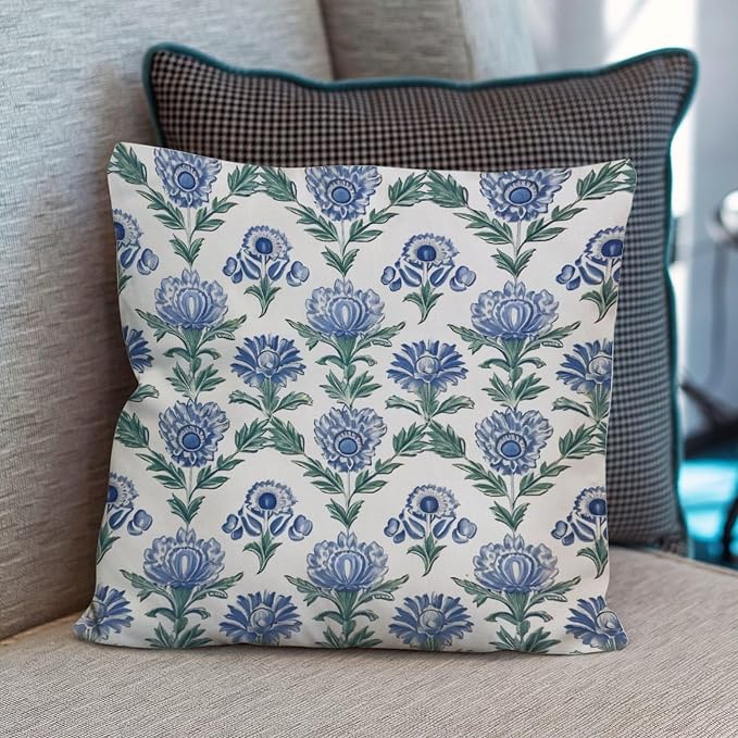 Mughal Flower Pillowcase Blue Lotus Floral Throw Pillow Cover Classic Throw Pillow Covers Farmhouse Decorative for Patio Furniture Tent Garden 18x18 in
