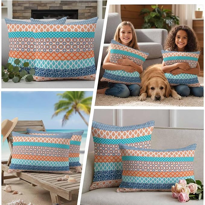 Geometric Bohemia Outdoor Pillow Covers Set of 2 Stripes Orange Turquoise and Blue Waterproof Throw Pillow Cover Decorative Cushion Cases for Patio Porch Garden 20X12 Inch