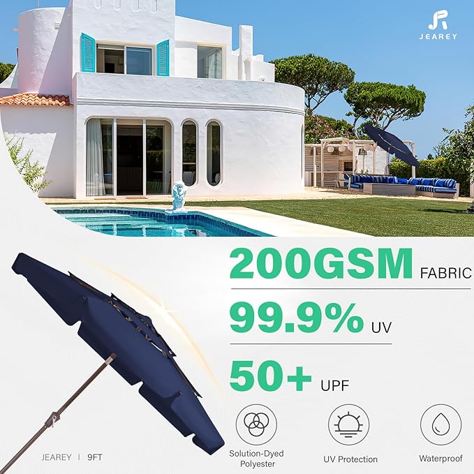 JEAREY 3 Tiers 9 FT Patio Umbrellas Outdoor Table Umbrella with Push Button Market Umbrella 8 Sturdy Ribs UV Protection Waterproof for Garden,Navy
