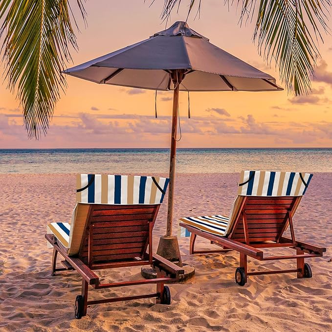Fumete 2 Pack Lounge Chair Covers 30 x 85 Inch Pool Chaise Lounge Towels Microfiber Beach Chair Towel Portable Striped Outdoor Patio Furniture Cover for Sunbathing Picnic Spa(Dark Blue and Camel)