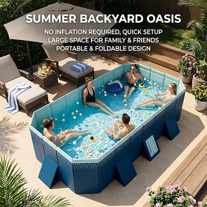 Foldable Pool, Non-Inflatable Swimming Pool for Kids Adults, Extra Large Stable Collapsible Pool Hard Plastic, Portable Folding Kids Dogs Pool for Family Backyard Garden Outdoor, 113"L x 66"W x 21"H