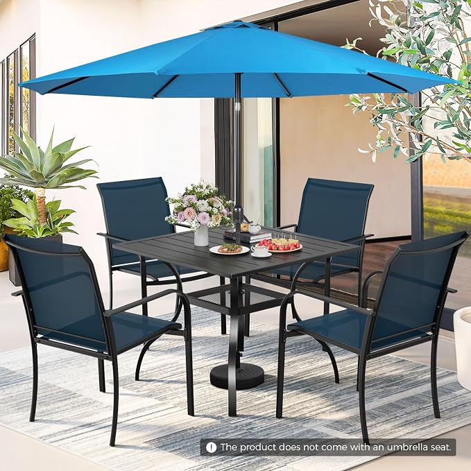 Incbruce 6 Pieces Paito Dining Set with Sky Blue Umbrella, Outdoor Metal Dining Set of 4 Textilene Chairs and Square Table with Umbrella Hole for Garden, Porch and Backyard (Blue)