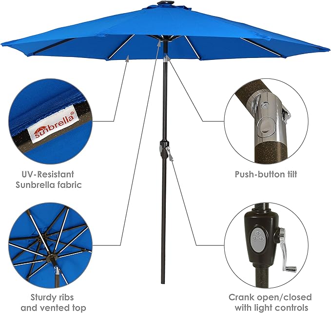 Sunnydaze 9-Foot Sunbrella Tilting Patio Umbrella with Solar LED Light Bars - Pacific Blue