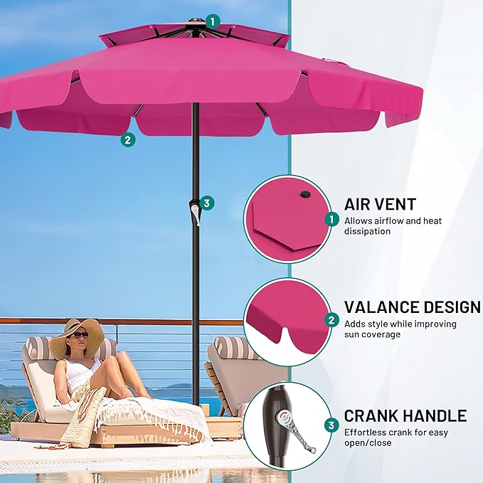 AreShark 12ft 2-Tier Patio Umbrella with Valance - Outdoor Umbrella Waterproof UV Protection, Market Table Umbrella w/ 8 Sturdy Ribs&Crank for Pool, Backyard, Garden(Rose Pink)