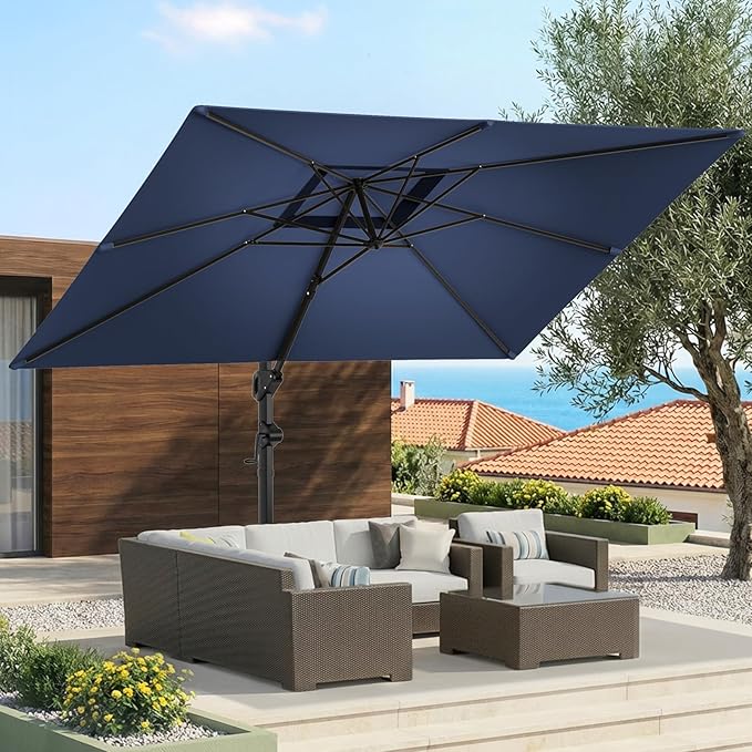 HOMSHADE 9x12FT Cantilever Patio Umbrella Outdoor with Base- Large Offset Heavy-Duty Aluminum Umbrella with 360° Rotation, 6 Tilts, Windproof, 3-Year Fade Resistance for Pool Deck, Navy Blue
