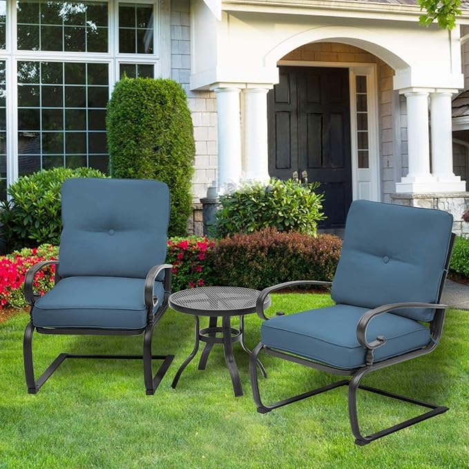 Outdoor 3 Pcs Patio Bistro Spring Set Motion Metal Lounge Chairs and Round Table, Steel Conversation Set with Washable Cushions, Peacock Blue