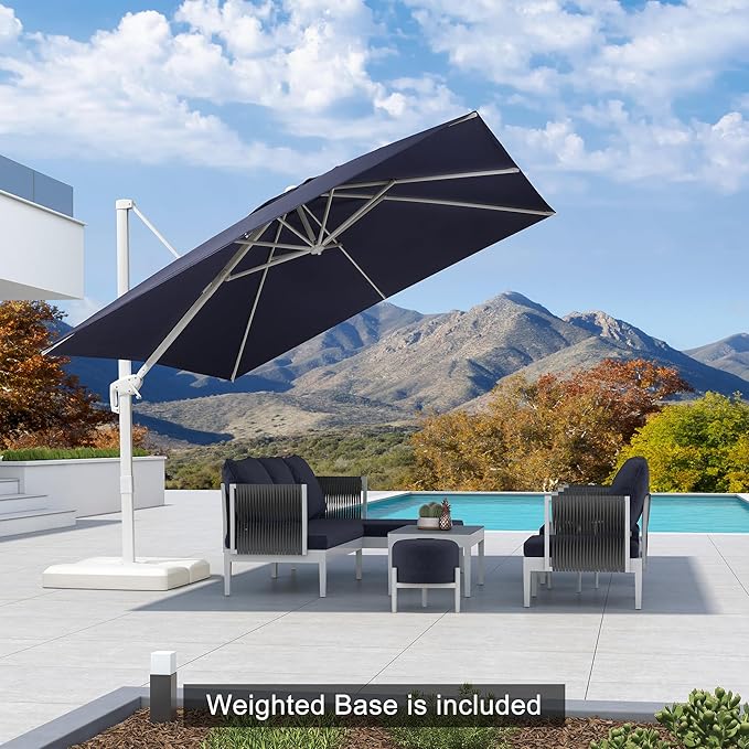 PURPLE LEAF 10 FT Patio Umbrella With Base White Cantilever Umbrella Square Outdoor Offset Windproof with 360° Rotation for Garden Deck Pool, Navy Blue