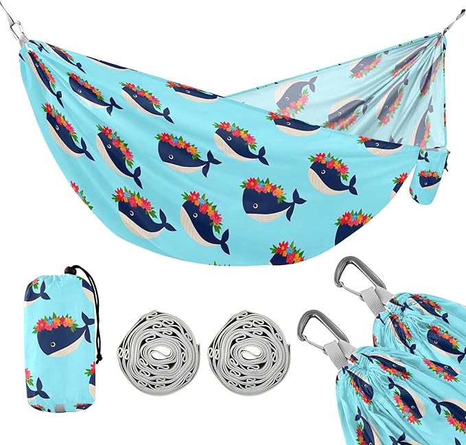 Camping Hammock Outdoor Hammocks for Outside Whales Flower Garlands Beach Trees Portable Lightweight with Pockets Tree Straps Indoor Small