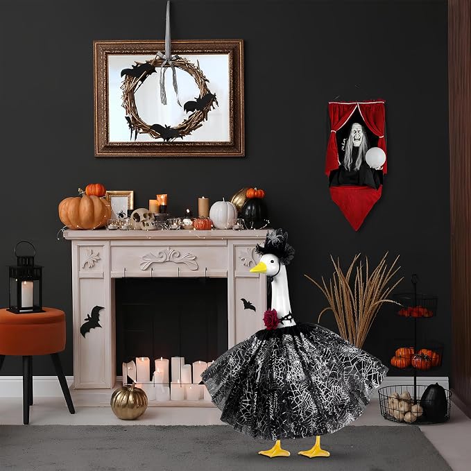 alloween Porch Goose Outfits and Goose Clothes Fits 17-23 In Statue | Black Tutu Skirt Goose Costume with Rose Necklace for Outdoor Patio Yard Lawn Party Decoration
