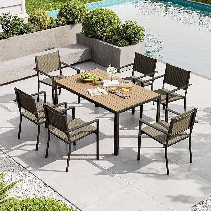 Aoxun 7-Piece Patio Table and Chairs Set for 6, All Weather Outdoor Dining Set with 6 Textilene Chairs and 1 Rectangular Metal Table, Patio Dining Sets for Backyard, Garden and Poolside, Brown