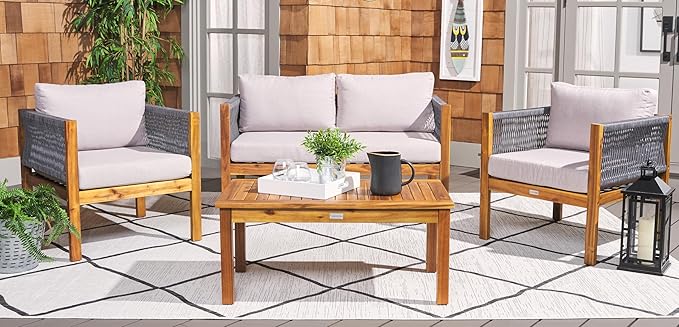 SAFAVIEH Outdoor Collection Wilson Brown Acacia Wood/Light Grey Cushion & Grey Rope 4-Piece Conversation Patio Set