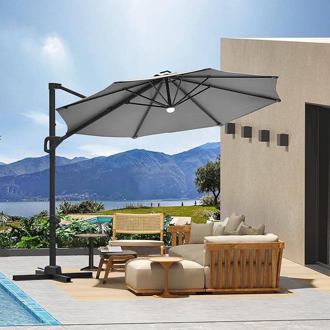 10 Ft Offset Patio Umbrella with Base Included, Round Cantilever Umbrella with UV Protective And Water Resistant Canopy, 360° Rotation, Integrated Tilting System, Beige
