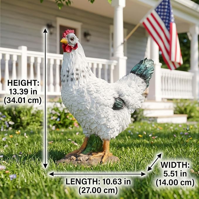 13.4" Realistic Chicken Yard Art - Rustic Outdoor Chicken Statues, Funny Farm Sculpture, Garden Chicken Decor, Fence Decoration, Hand-Painted Resin Figurines for Patio & Backyard
