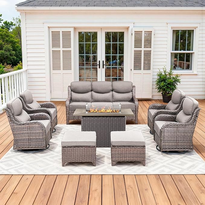 Luxury Patio Furniture Set with 42.5" Fire Pit Table, 8 Pieces High Back All Weather Wicker Outdoor Furniture w/ 6-Inch Thick Cushions, Patio Swivel Chairs Couch for Deck Balcony Backyard Brown/Grey