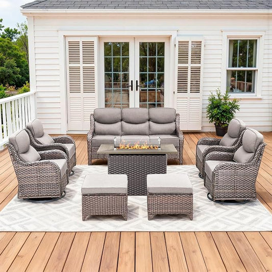 Luxury Patio Furniture Set with 42.5" Fire Pit Table, 8 Pieces High Back All Weather Wicker Outdoor Furniture w/ 6-Inch Thick Cushions, Patio Swivel Chairs Couch for Deck Balcony Backyard Brown/Grey