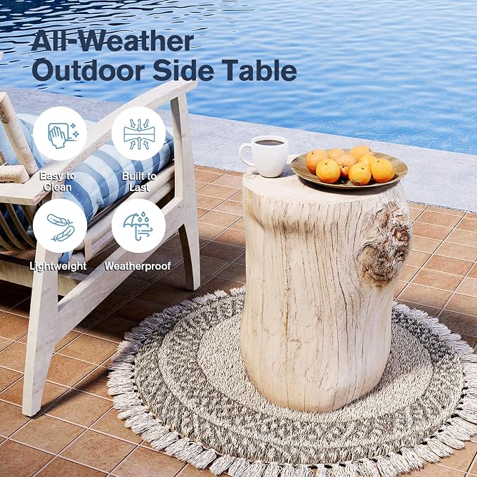 HOMPUS Concrete Outdoor Side TableSet of 2, 2 Piece Tree Stump Modern Round Coffee Table Accent Table Set Plant Stand Faux Wood End Table Garden Stool for Patio,Home Decor, Living Room, White Oak