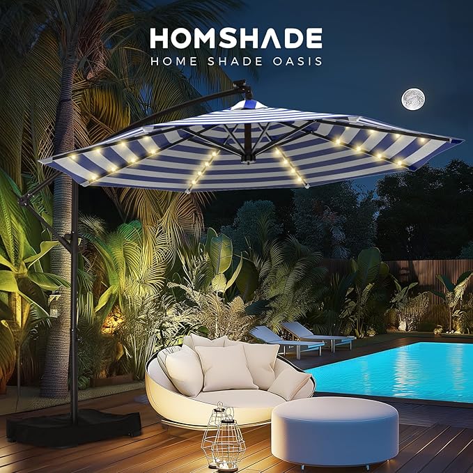 HOMSHADE 10ft Solar Lights Offset Cantilever Patio Umbrella - with Light and Base, LED Offset Patio Outdoor Umbrella UPF50+ UV Protection with Easy Tilt and Crank (Navy&White Stripes)