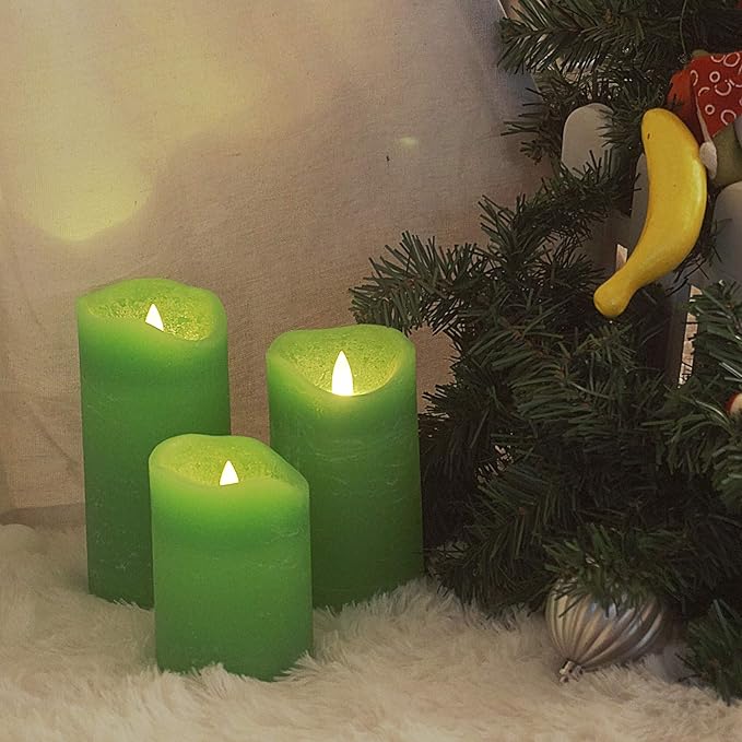 CANDLE CHOICE Battery Operated Flameless Candles with Remote Timer Real Wax Realistic Bright Flickering Electric LED Pillars Lights Wedding Party Christmas Decorations Set of 3 Rustic Texture Green