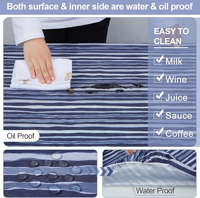 Picnic Table Cover with Bench Covers Camping Essentials Waterproof Windproof Camping Tablecloth with Drawstring Bag, Fitted Rectangle Tables and Seats, 72in, Navy Blue Stripes