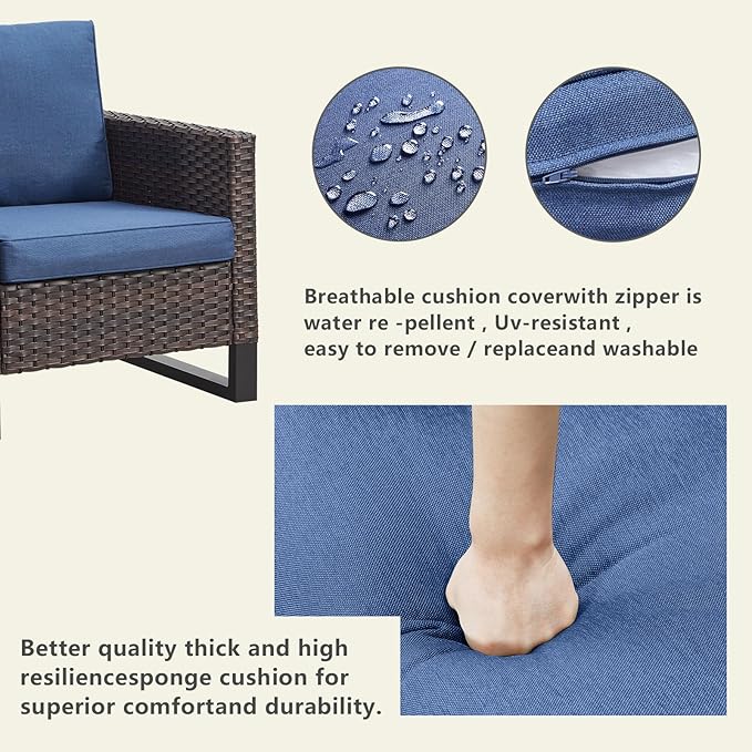 Rilyson Wicker Outdoor Patio Furniture Set - 8 Piece Patio Conversation Set with 4 Swivel Rocker Chairs,2 Rattan Ottoman,1 Couch and 1 Metal Coffee Table for Outside Porch Deck Backyard(Brown/Blue)