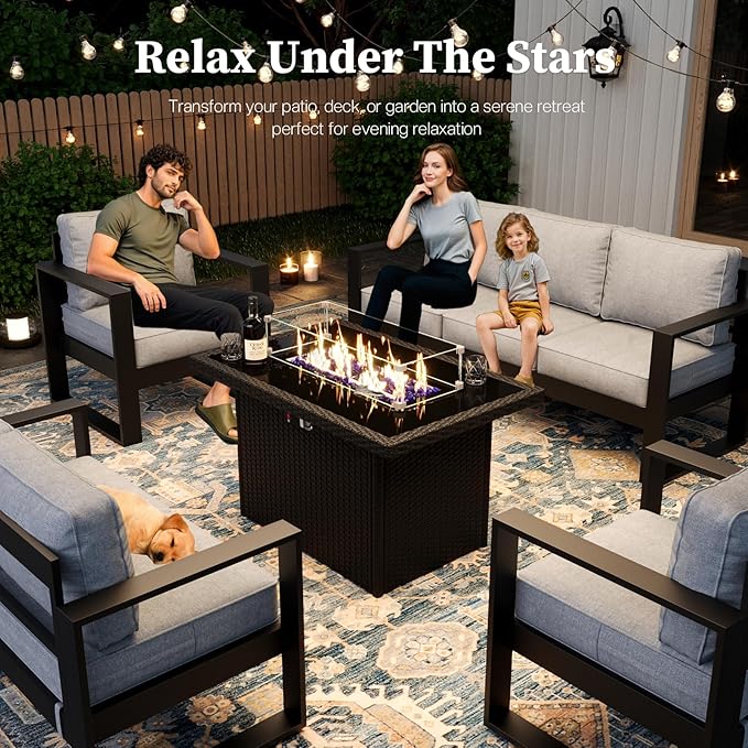 5 Piece Modern Aluminum Patio Furniture Set with Fire Pit Table, Outdoor Patio Sectional Conversation Metal Seating Sets with Olefin Cushion