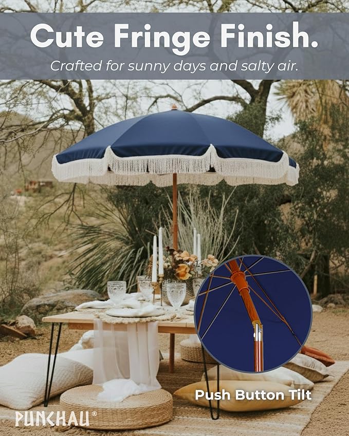 6 Ft Fringe Patio Umbrella - Outdoor Umbrella for Patio, Pool, Table, Garden, Deck, Beach, and Outdoors - Fashionable Boho Vintage Tassels & Wood Print - Push Button Tilt Pole