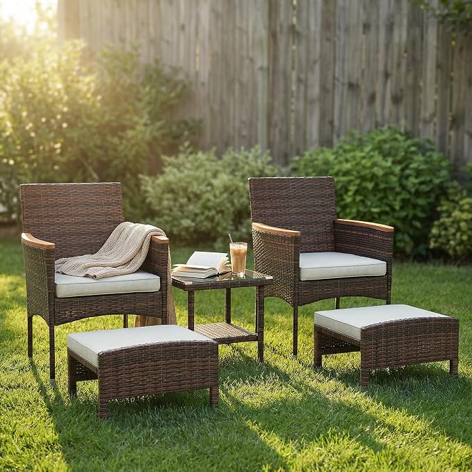 5Pcs Patio Furniture Sets Rattan Patio Chair Set of 5 Outdoor with Coffee Glass Table & Ottoman for Yard Backyard Lawn Porch Poolside Balcony (Brown and Khaki)