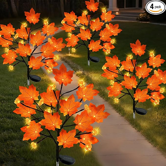 4Pack Fall Solar Lights Outdoor Decorative, Waterproof 80Led Orange Solars Lights Outdoor with 8 Modes, Pumpkin Solar Light for Fall Yard Outside Halloween Thanksgiving Decorations