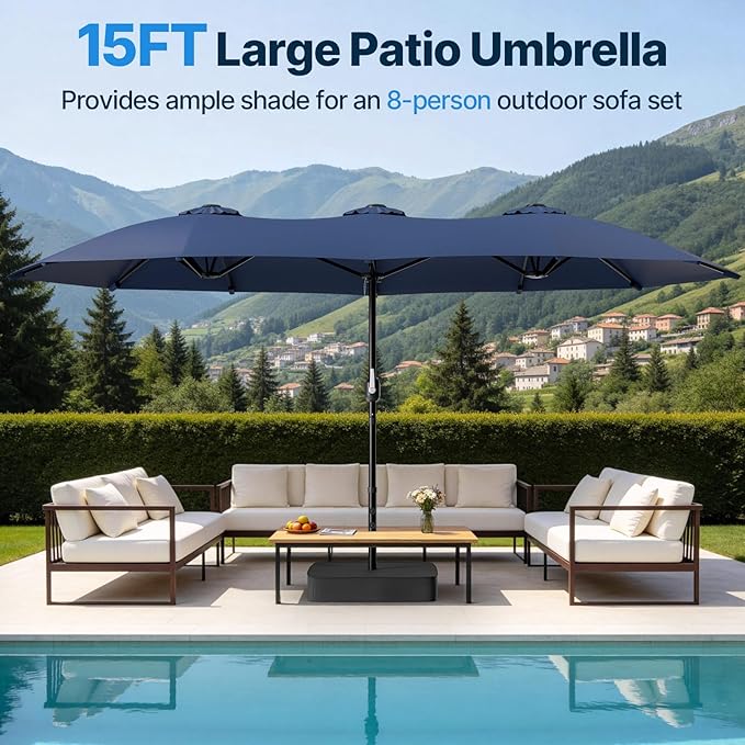 Suteck 15FT Patio Umbrella with Base Included, Double-Sided Rectangle Outdoor Large Umbrella with Crank Handle, UV & Fade Resistant Canopy for Poolside, Backyard, Deck and Market, Dark Blue