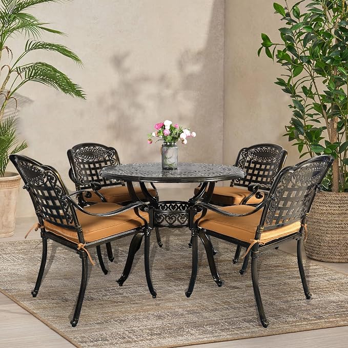 VIVIJASON 5-Piece Patio Furniture Dining Set, All-Weather Cast Aluminum Outdoor Conversation Set, Include 4 Cushioned Chairs and 1 Round Table w/Umbrella Hole for Balcony, Lawn, Garden, Backyard
