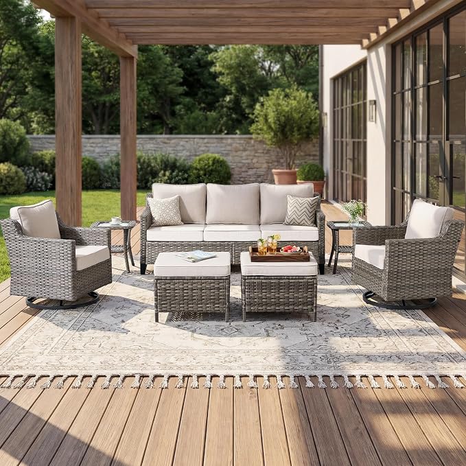 Luxury Patio Furniture sofa Set - 7 Pieces All Weather Wicker Outdoor Couch and High Back Swivel Rocker Patio Chairs with Sofa & footstools for Deck Yard and Poolside Gray Wicker | Beige Cushions