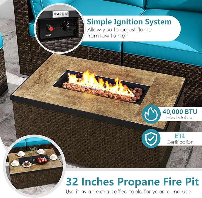 Tangkula 7 Pieces Outdoor Sectional Sofa Set Set with 32” Fire Pit Table and Propane Tank Cover, for Deck, Garden and Backyard, Fire Pit Protective Cover Included (Turquoise)