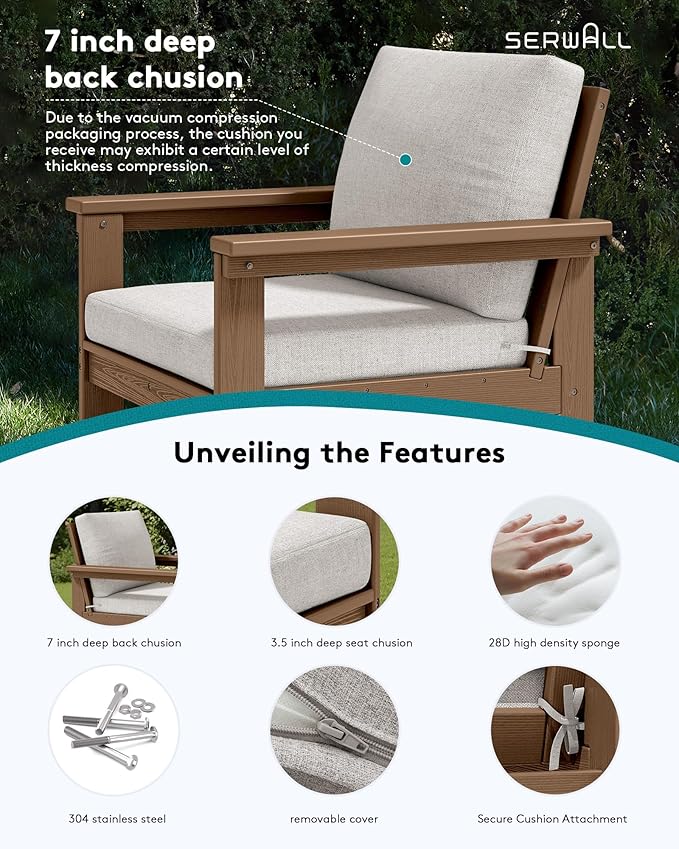 SERWALL HDPE Patio Furniture Set, 7-piece Outdoor Sectional Sofa Set, All Weather Outdoor Couch Set for Deck, Lawn, Brown Frame with Khaki Cushion