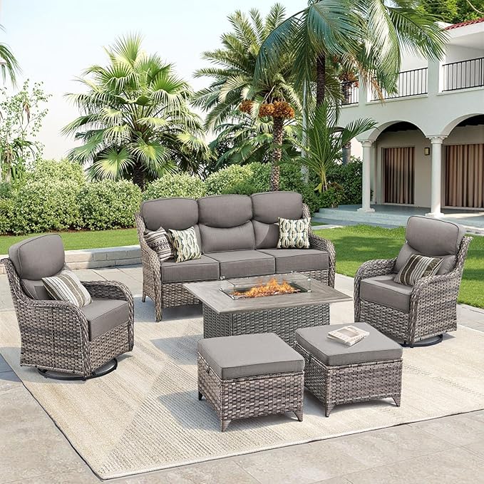 Luxury Patio Furniture Set with Fire Pit Table-6 Pieces All Weather Outdoor Swivel Rocker Chairs with Sofa and Ottomans. Outdoors Patio Conversation Sets for Porch Deck Garden Backyard(Grey/Grey)