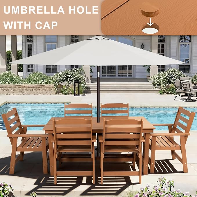 FUNBERRY Outdoor Dining Table, HDPE 6-Person Patio Table with Umbrella Hole | Wood-Grain, HDPE All Weather, No Rot or Rust or Crack, UV Fade Shield, 220LBS Weight Capacity, Easy-Clean for Outside