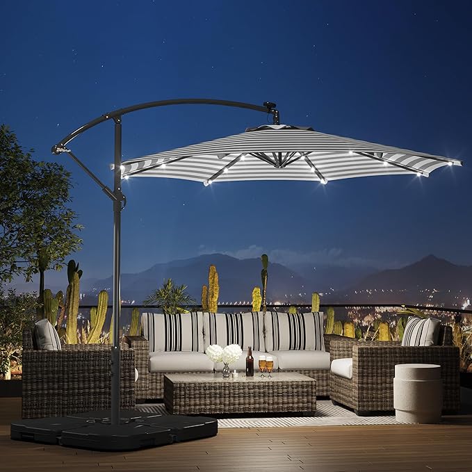 WO Home Furniture Patio LED Umbrella Set of 3 PCS 10ft Cantilever, Stand Kit, & 4 PCS Base Weights (Gray White Stripe)