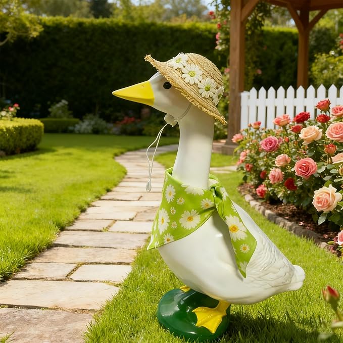 Summer Porch Goose Outfit for 23" 17" Lawn Porch Goose Statue Costume Cute Daisy Bandana and Hat for Garden Patio Statue Art Decor Country Pastoral Style Green