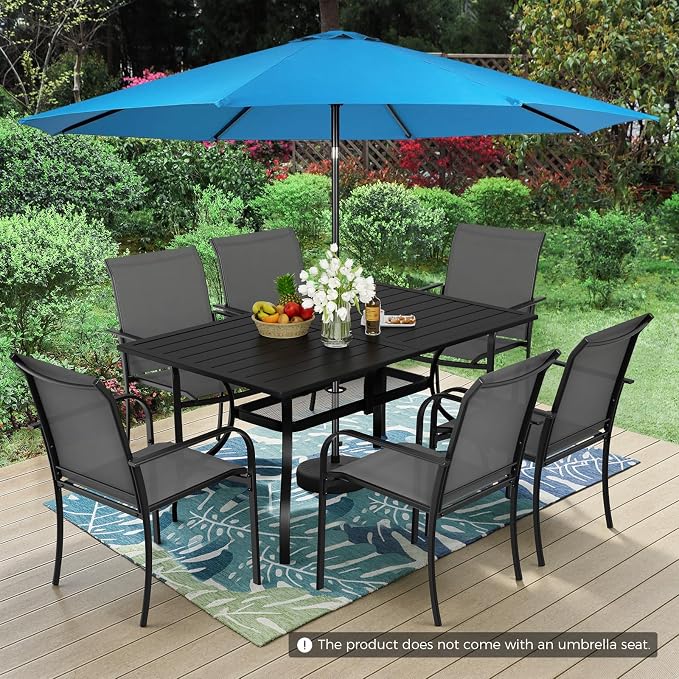 Incbruce 8 Pieces Patio Dining Set with Sky Blue Umbrella, Outdoor Dining Set of 6 Textilene Chairs and Rectangle Table with Umbrella Hole for Backyard, Garden, and Poolside (Grey)