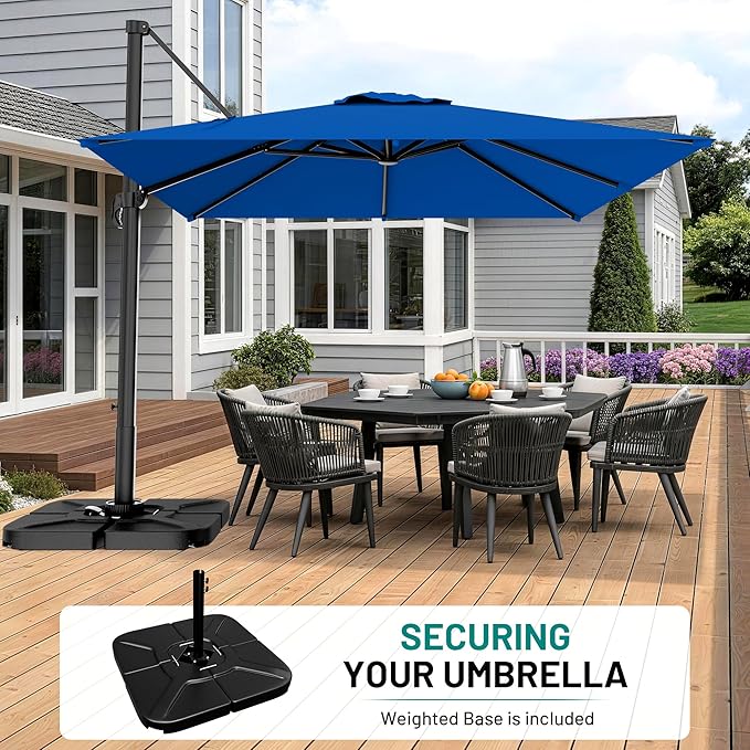 AreShark 10 × 10FT Square Cantilever Patio Umbrella with Base Included, 360° Rotation Offset Outdoor Umbrella, 5 Tilt Settings Heavy Duty Hanging Parasol for Deck Garden Pool, Royal Blue