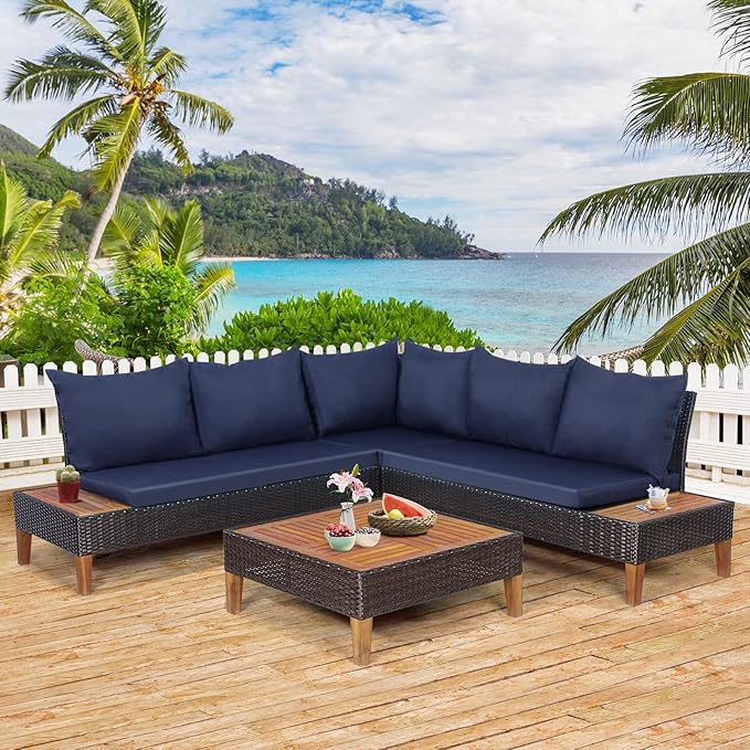 Tangkula 4 Pieces Acacia Wood Patio Conversation Set, Patiojoy Outdoor PE Rattan Sectional Sofa Set with Coffee Table, Corner Sofa & 2 Loveseats, for Backyard Garden Poolside