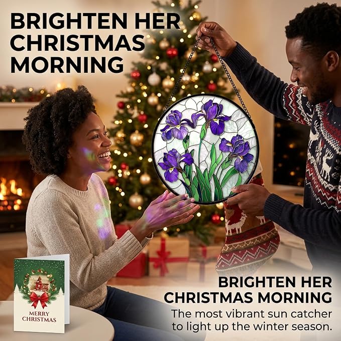 Birthday Gifts for Women - Purple Iris Faux Stained Glass Window Hanging Sun Catcher for Door Garden Acrylic Flower Decor Mother's Day Christmas for Mom Nana Friend Grandma Wife 7.8"