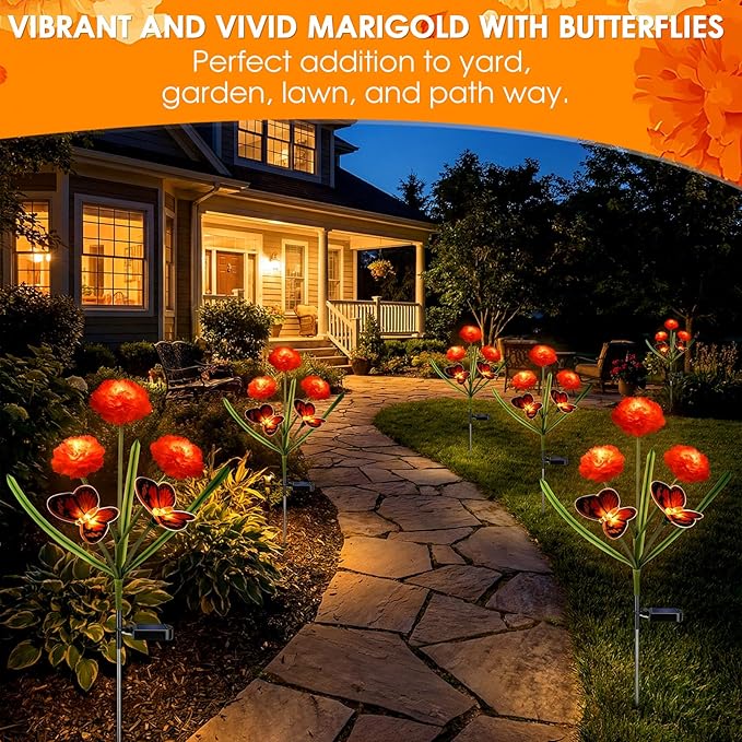 Solar Flowers Outdoor Waterproof, Unique Solar Powered LED Marigold Stake Lights with Monarch Butterflies for Flower Pot, Yard, Lawn, Garden, Outside, Cemetery, Day of The Dead Grave Decor(3 Pack)