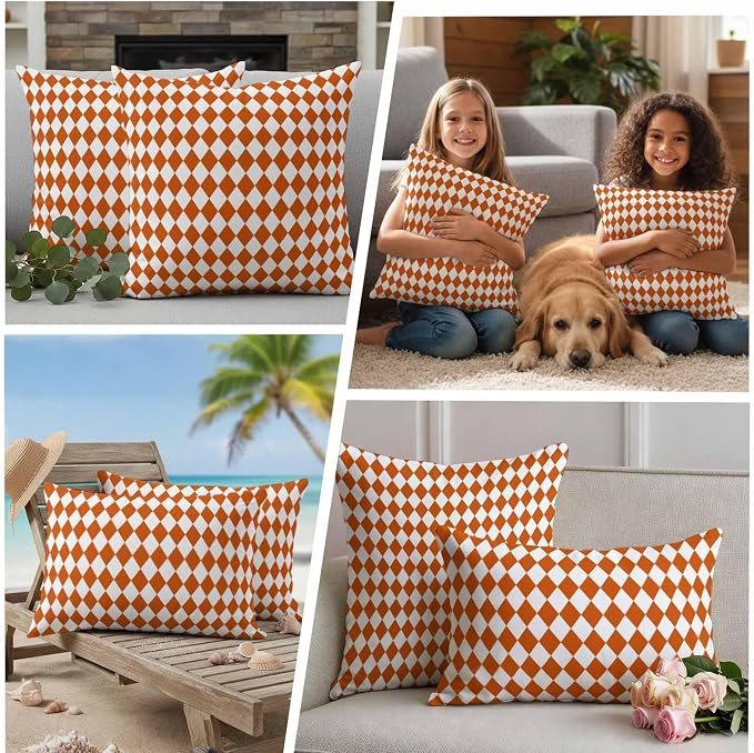 Outdoor Throw Pillow Cover Modern Orange White Plaid Waterproof Cushion Covers 2 Pack Geometric Lattice Pillow Cases Home Decoration for Patio Garden Couch Sofa