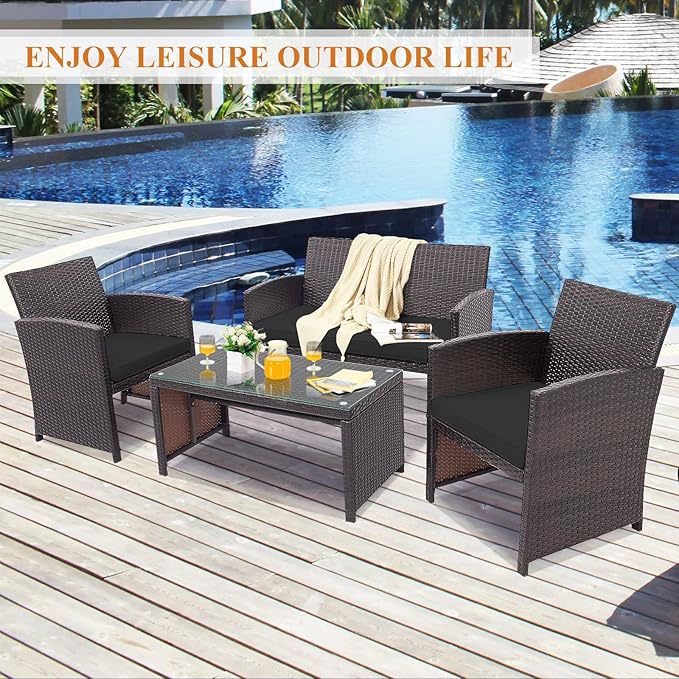 HAPPYGRILL 4 Pieces Rattan Conversation Set Outdoor Wicker Furniture Set with Tempered Glass Coffee Table, Soft Cushions, Weather-Resistant Rattan Chair Set for Garden Backyard Poolside (Black)