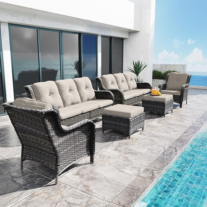 Outdoor Wicker Couch Set 6 Pieces - Outdoor Wicker Patio Furniture Set with 2 Armchairs, 2 Couch and 2 Ottomans, Olefin Cushions Included(Mixed Grey/Beige)