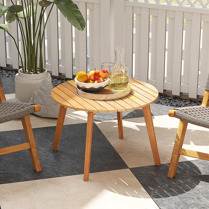 HAPPYGRILL Acacia Wood Patio Bistro Side Table, Outdoor Round End Table with Slatted Tabletop, for Backyard Poolside Garden, 24.5 Inch (1)