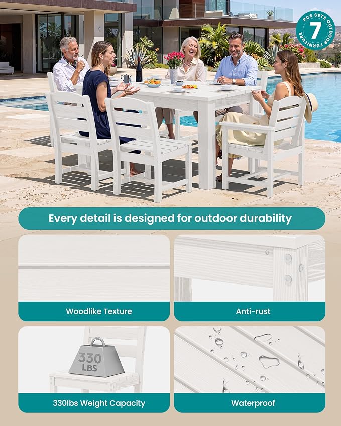 SERWALL 59" Patio Dining Set for 6, w/ 1 Table & 6 Chairs, White | Armless Patio Dining Sets for All Weather Use