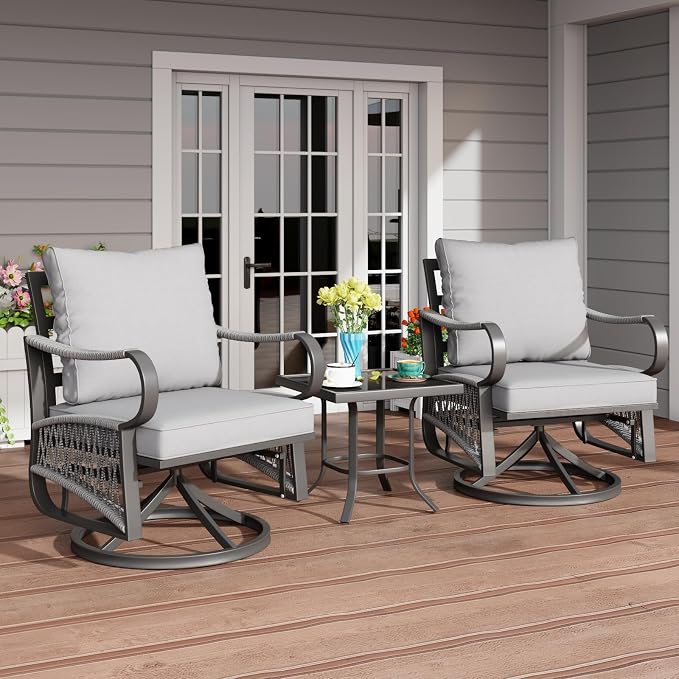 3 Piece Patio Furniture Set, Rope Woven Outdoor Conversation Set with High Back Metal Swivel Chairs and Coffee Table, Thick Cushions for Garden, Porch, Grey