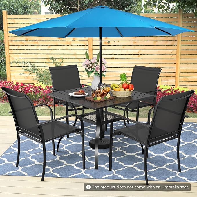 Incbruce 6 Pieces Patio Dining Set with Sky Blue Umbrella, Outdoor Dining Set of 4 Textilene Chairs and Square Table with Umbrella Hole for Backyard, Garden, and Poolside (Black)